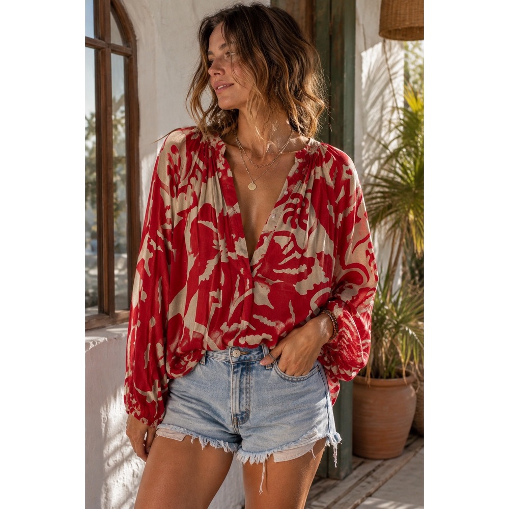 HM Red Beige Abstract Tropical Print Balloon Sleeve V-Neck Blouse XS